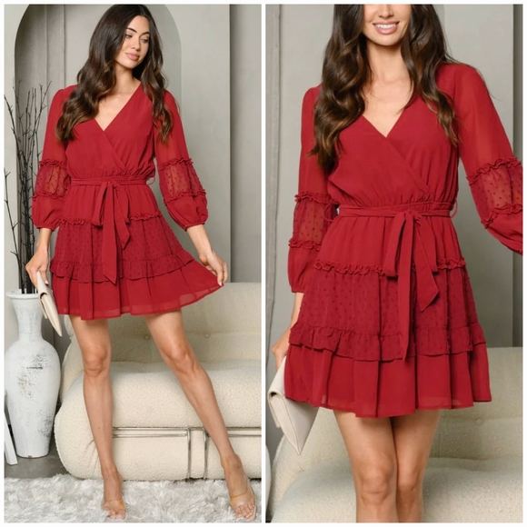 Baevely Dresses & Skirts - LAST ONE❗️BaeVely By Polagram Burgundy 3/4 Sleeves Short Tiered Dress